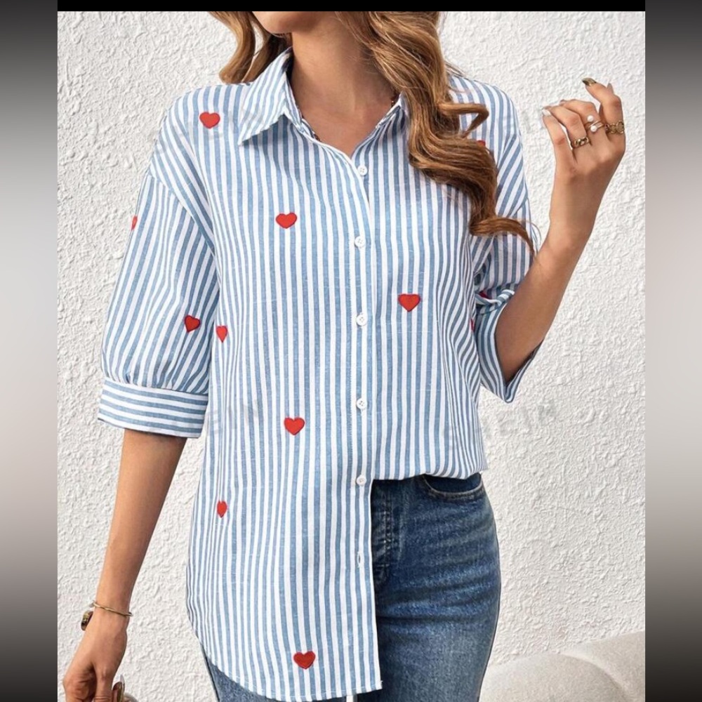 Frenchy Women's Striped Heart Embroidered Shirt Summer Shirt Valentine's Shirt
